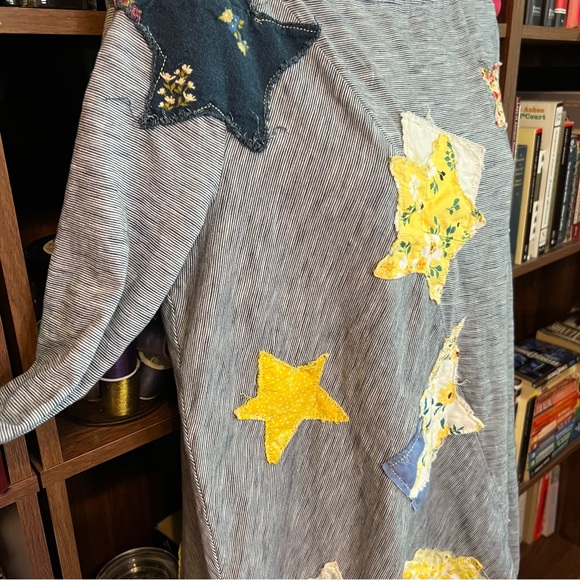 Upcycled Patchwork Star Print Distressed Cotton Stretch Tunic Top - Picture 11 of 14